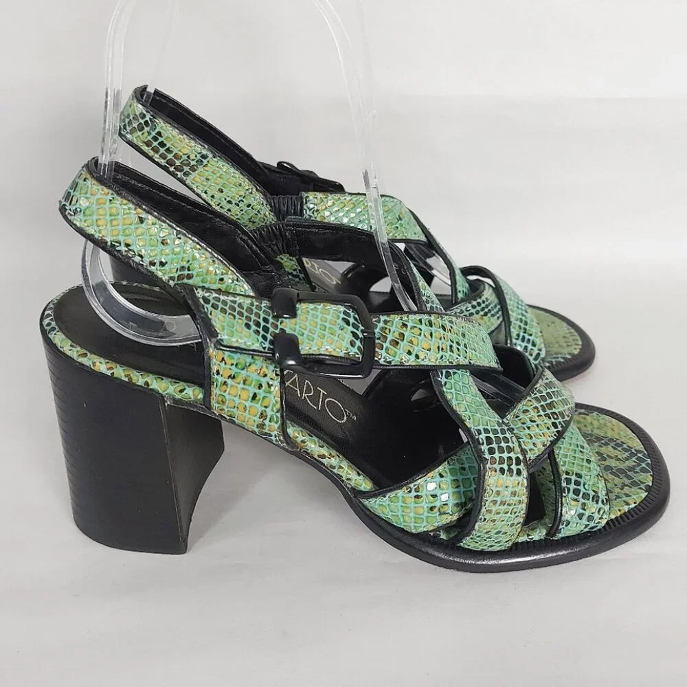 Franco Sarto Women 90s Open-Toe Strappy Sandals 5.5 Green Snakeskin Block Heel